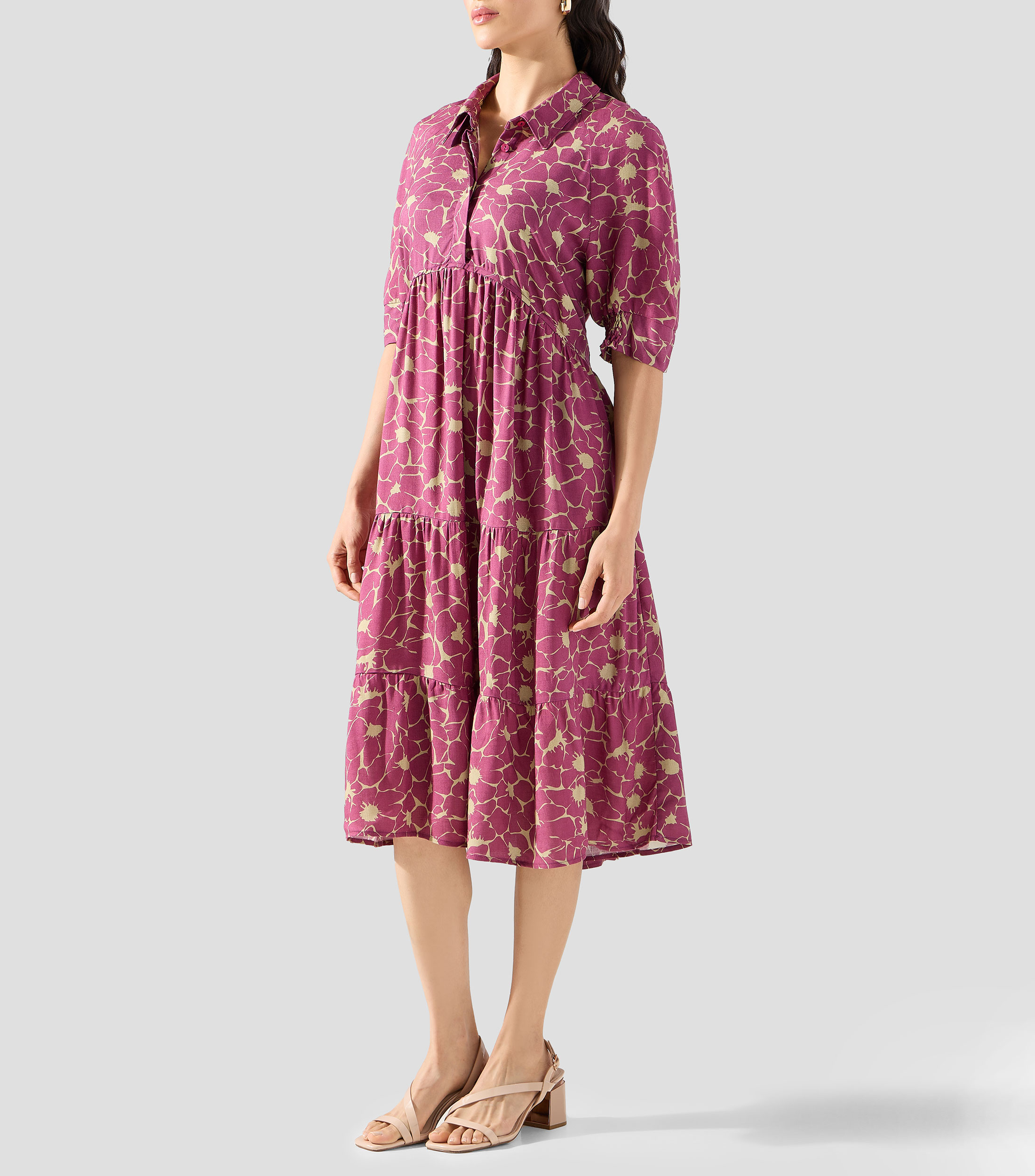 Vestido midi manga corta fantasía Mujer